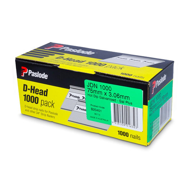 Paslode B20451 1000-Pack 75mm x 3.06mm Hot Dip Galvanised D Head Framing Nails