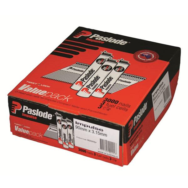 Paslode B20550V Value Pack3000 90mm x 3.15mm Bright Impulse D Head Nails with Fuel