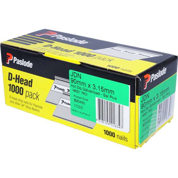 Paslode B20455 1000-Pack 90mm x 3.15mm Hot Dip Galvanised D Head Framing Nails